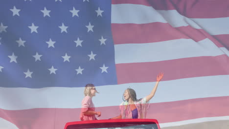 Animation-of-flag-of-usa-over-happy-diverse-women-in-car-by-beach-in-summer