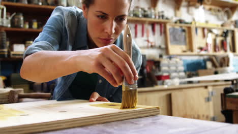 Focus-on-carpenter-painting-a-wooden-plank