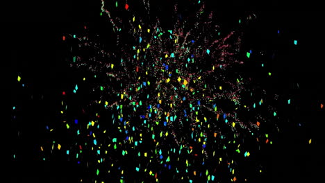 Animation-of-confetti-falling-and-fireworks-over-black-background