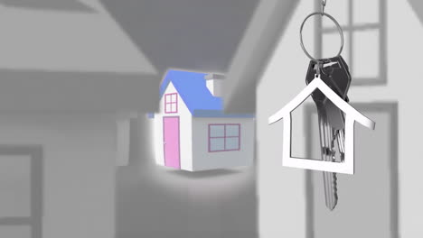 Animation-Von-Grauen-Und-Blauen-Häusern-über-Einem-Silbernen-Schlüsselanhänger