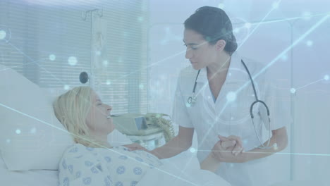 Animation-of-network-of-connections-over-caucasian-female-doctor-and-patient-at-hospital