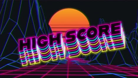 Animation-of-high-score-text-over-neon-pattern-background