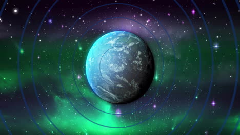 Animation-Von-Kreisen-über-Globus-Und-Sternen-Auf-Schwarzem-Hintergrund