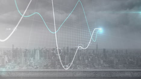 Animación-De-Datos-De-Procesamiento-De-Gráficos-Brillantes-Sobre-El-Paisaje-Urbano-Y-El-Cielo-Gris-Nublado