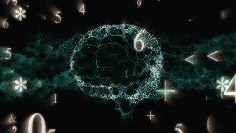 Animation-of-numeric-data-and-symbols-over-glowing-brain-network-on-dark-background