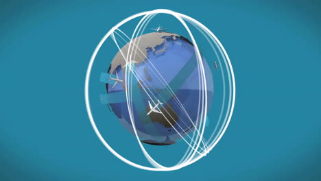 Animation-Von-Ebenen-Und-Kreisen-über-Dem-Globus-Auf-Blauem-Hintergrund