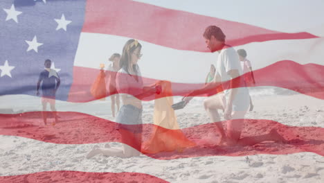 Animation-Der-Flagge-Der-USA-über-Fröhlichen,-Vielfältigen-Freunden,-Die-Im-Sommer-Am-Strand-Recyceln