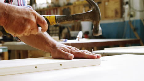 Focus-on-carpenter-hammering-in-wood-plank