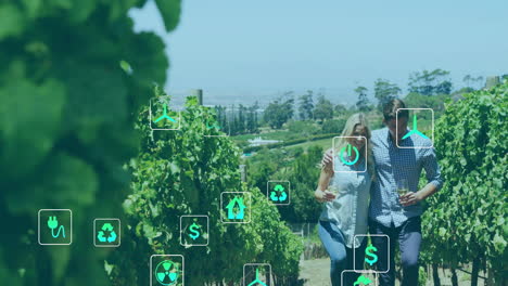 Animation-of-network-of-eco-icons-over-caucasian-couple-in-vineyard