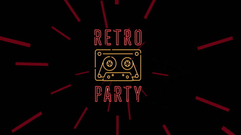 Animation-of-retro-party-text-with-audio-cassette-and-neon-cocktails-on-black-with-red-light-trails