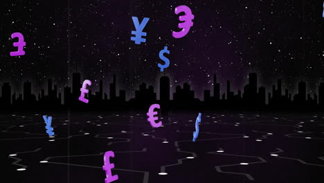 Animation-of-currency-symbols-over-cityscape-on-black-background