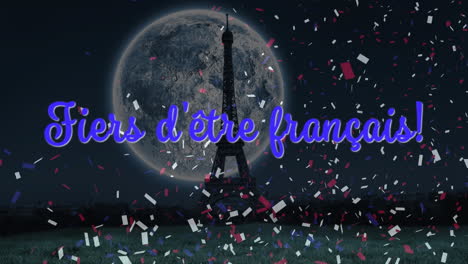 Animation-of-fiers-d''etre-francais-text-with-eiffel-tower-and-confetti-on-black-background