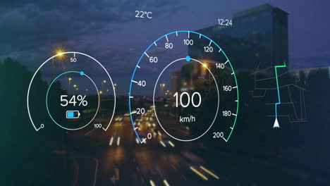 Animation-Des-Armaturenbretts-Eines-Elektroautos-über-Der-Stadt