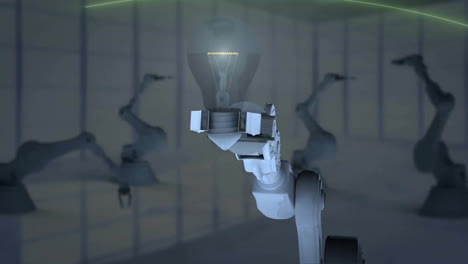 Animation-of-medical-icons-over-robot-arm-picking-up-and-holding-illuminated-light-bulb-in-factory