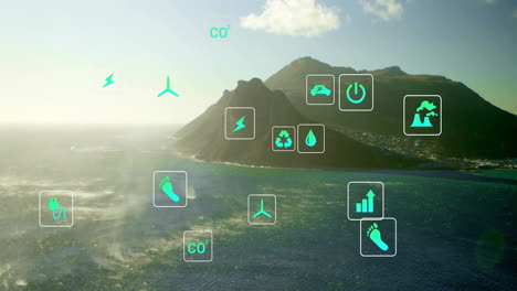 Animation-of-network-of-eco-icons-over-seascape