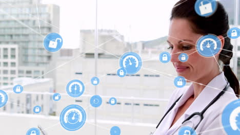 Animation-of-network-of-connections-with-icons-over-caucasian-female-doctor-using-tablet