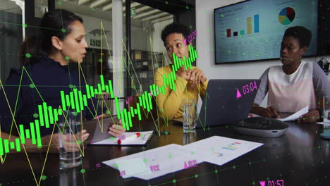 Animation-Eines-Grünen-Diagramms-Und-Der-Datenverarbeitung-über-Verschiedene-Kolleginnen-Bei-Einem-Zwanglosen-Treffen