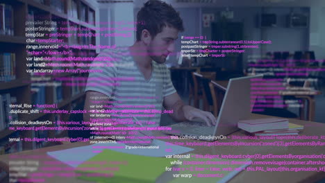 Animación-Del-Procesamiento-De-Datos-Sobre-Un-Estudiante-Caucásico-Usando-Una-Computadora-Portátil-Y-Escribiendo-En-La-Biblioteca