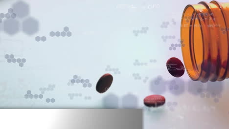 Animation-of-news-text-and-globe-over-chemical-formula-and-pills-on-white-background