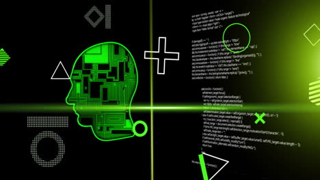 Animation-of-green-scanner-beams-and-rotating-shapes-over-network-head-and-processing-data-on-black