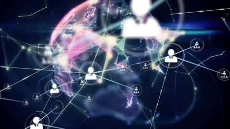 Animation-of-globe-and-network-of-connections-with-icons-on-black-background