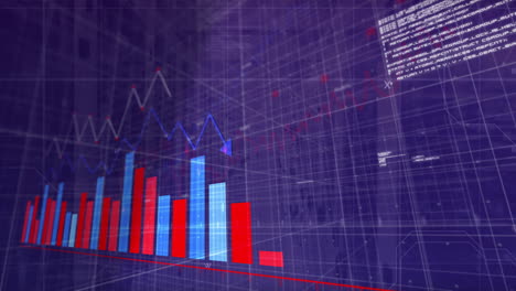 Animation-Der-Datenverarbeitung-Und-Diagramme-über-Dem-Stadtbild