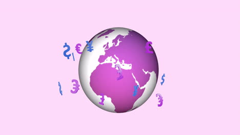 Animación-De-Iconos-De-Moneda-Sobre-El-Globo-Terráqueo-Sobre-Fondo-Rosa.