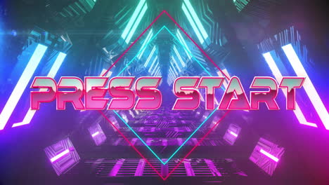 Animation-of-press-start-text-over-neon-pattern-background