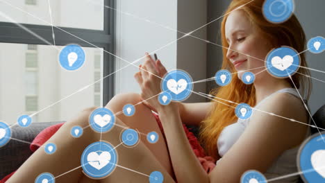 Animation-of-network-of-connections-with-heart-icons-over-caucasian-woman-using-smartphone