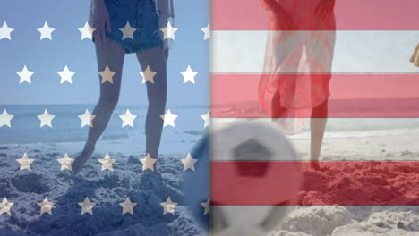 Animation-of-flag-of-usa-over-diverse-friends-playing-football-on-beach