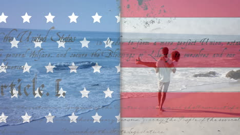 Animation-of-american-flag-and-constitution-over-happy-diverse-man-carrying-woman-on-sunny-beach