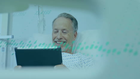 Animation-of-financial-data-processing-over-senior-caucasian-patient-using-tablet-in-hospital