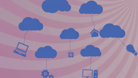 Animation-Von-Wolken-Mit-Elektronischen-Geräten-über-Rosa-Streifen