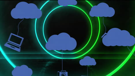 Animation-Einer-Wolke-Mit-Symbolen-über-Neonkreisen-Auf-Schwarzem-Hintergrund