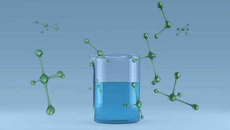 Animation-Von-Molekülen-über-Einem-Becher-Mit-Blauer-Flüssigkeit-Im-Labor