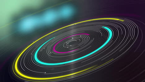 Animation-of-glowing-circles-of-light-spinning-on-dark-background