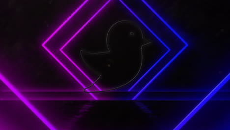 Animation-of-white-twitter-bird-symbol-over-blue-and-pink-neon-diamond-shapes-on-black-background