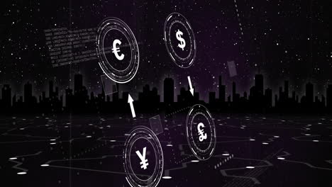 Animation-of-currency-symbols-with-data-processing-over-cityscape-on-black-background