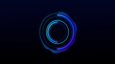 Animation-of-blue-circular-scanner-and-loading-rings-processing-on-black-background