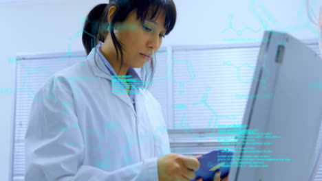 Animation-of-data-processing-and-chemical-formula-over-caucasian-female-scientist-using-tablet