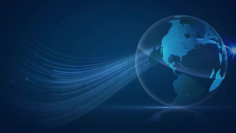 Animation-of-globe-and-light-trails-on-blue-background