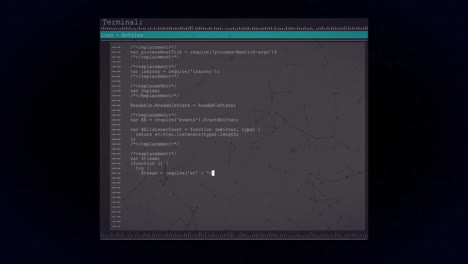 Animation-of-data-text-processing-on-dark-interface-screen-over-network-on-black-background