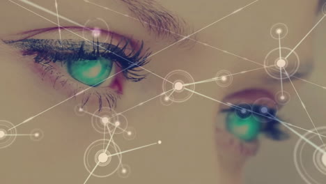 Animation-of-network-of-connections-and-data-over-caucasian-woman''s-eyes