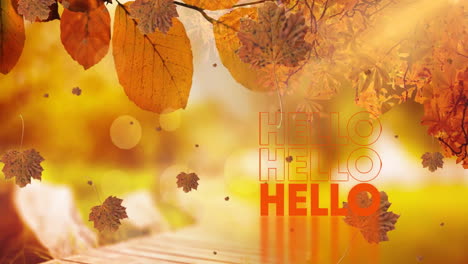 Animation-of-hello-text-over-falling-leaves