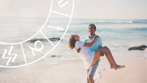 Animation-of-horoscope-moving-over-happy-biracial-couple-at-beach