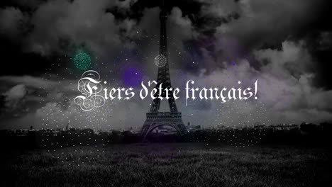 Animation-of-fiers-d''etre-francais-text-with-fireworks-and-eiffel-tower-background