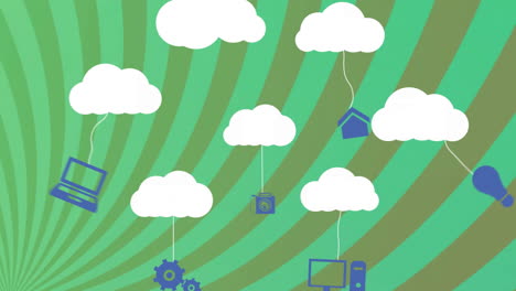 Animation-Von-Wolken-Mit-Elektronischen-Geräten-über-Grünen-Streifen