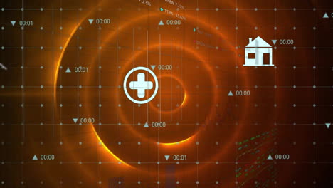 Animation-of-data-processing-with-icons-over-orange-circles-on-black-background