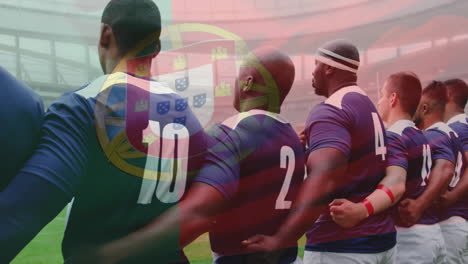 Animation-Der-Portugiesischen-Flagge-über-Verschiedenen-Rugbyspielern-Auf-Dem-Feld