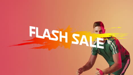 Animation-of-flash-sale-over-caucasian-male-football-player-on-orange-background